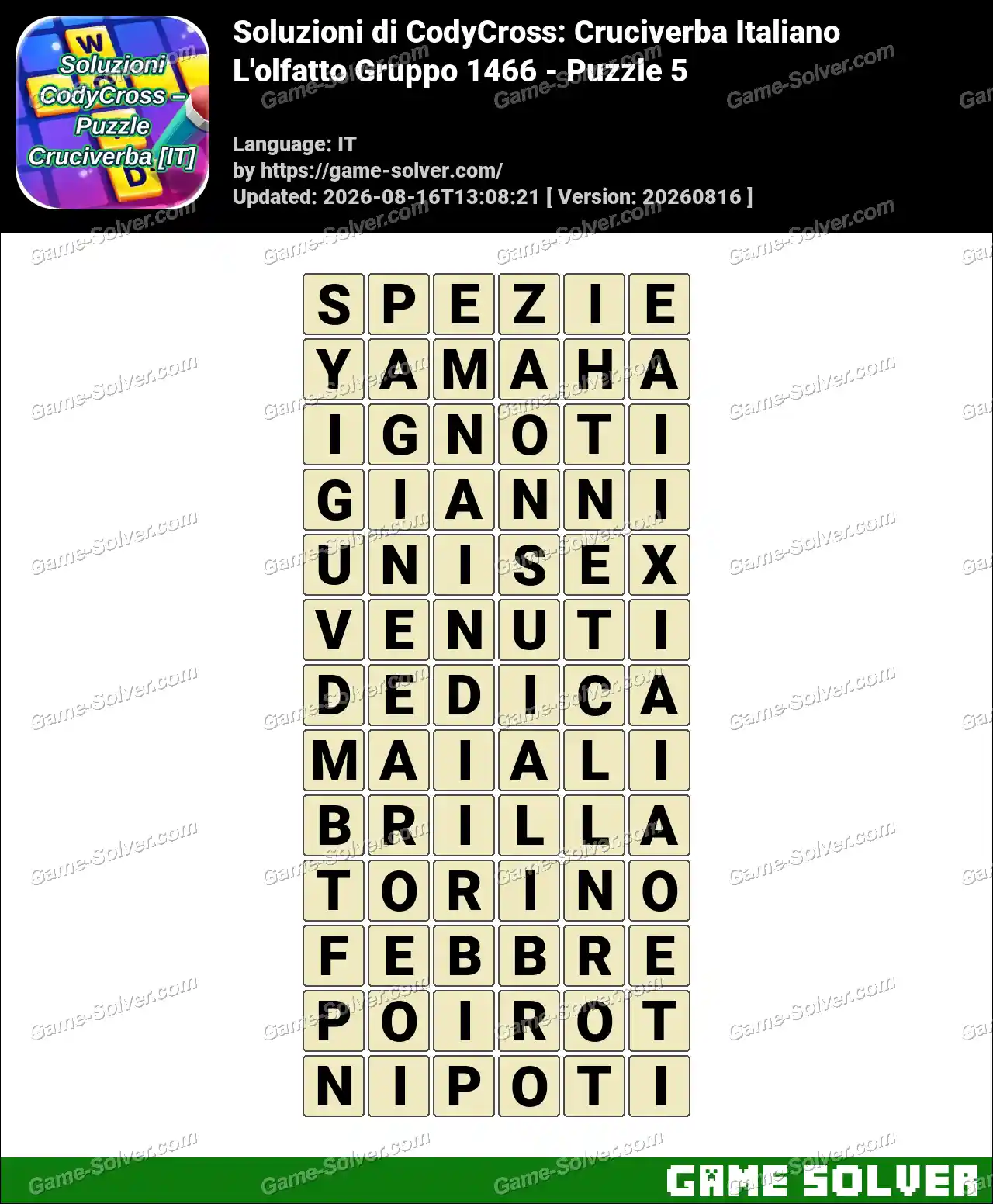 Soluzioni di CodyCross: Cruciverba Italiano L’olfatto Gruppo 1466 – Puzzle 5
